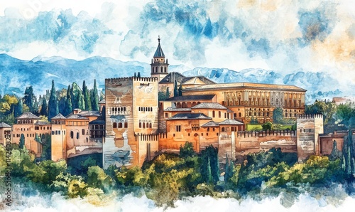 Wallpaper Mural Watercolor Alhambra palace in Granada, Spain, Europe Torontodigital.ca