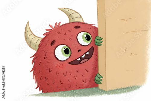 A cheerful red monster with green claws and big eyes peeks around a wooden block, exuding playfulness and curiosity. photo