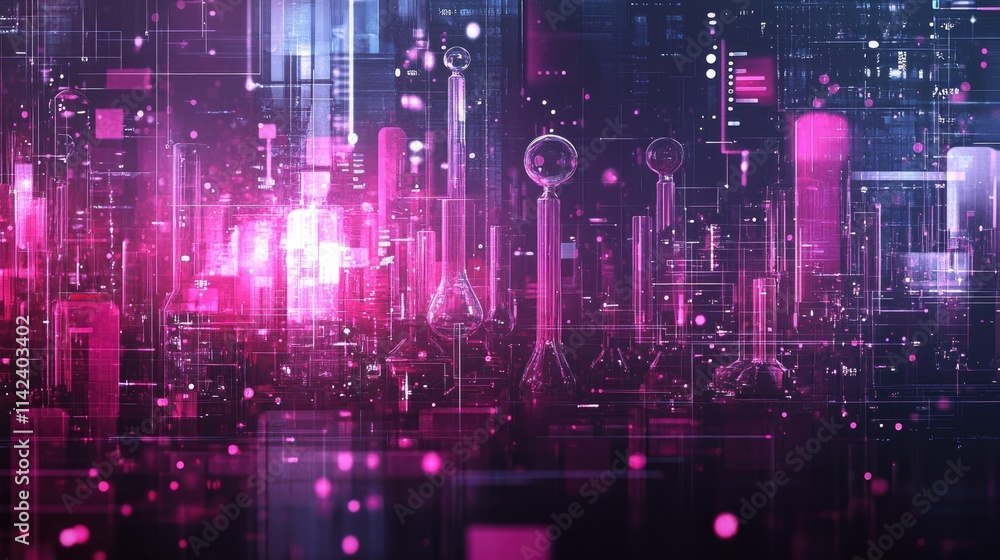 A futuristic digital background featuring chemical structures, test tubes, and data points, ideal for scientific content with room for center text A futuristic digital background featuring chemical structures, test tubes, and data points, ideal for scientific content with room for center text