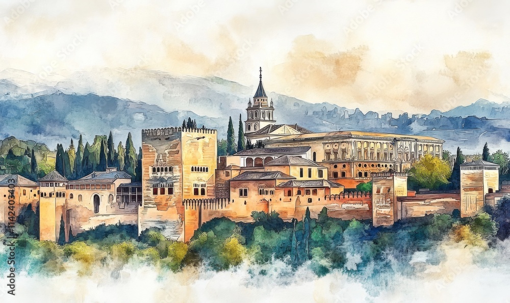 Watercolor Alhambra palace in Granada, Spain, Europe Watercolor Alhambra palace in Granada, Spain, Europe