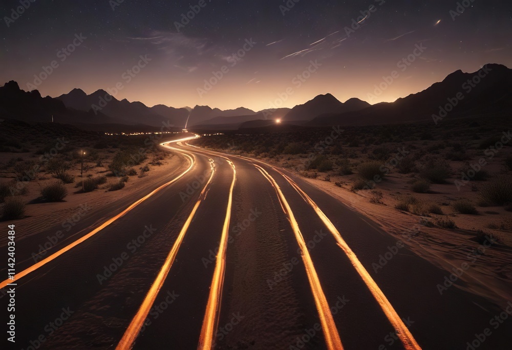 Fototapeta premium Light trails in the darkness of a desert landscape, rock formations, starlight, desert landscape