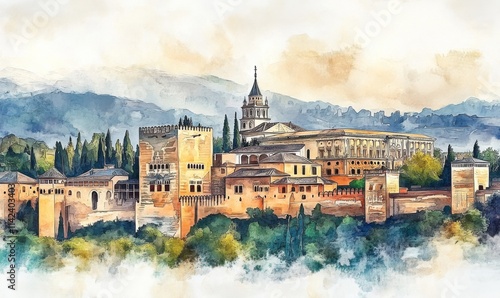 Watercolor Alhambra palace in Granada, Spain, Europe