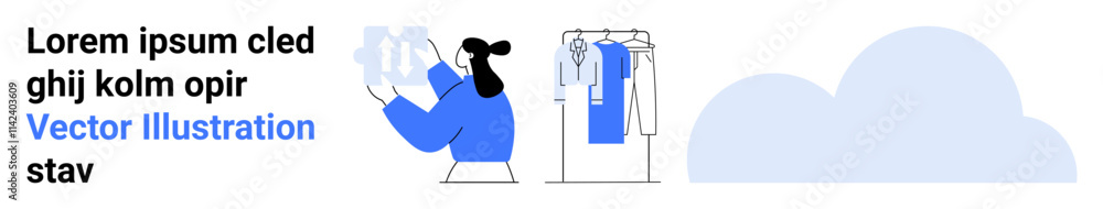 Woman examines a dress on a hanger beside a clothing rack with various garments. Ideal for fashion, retail, e-commerce, online shopping, lifestyle, marketing, visual content branding. Landing page Woman examines a dress on a hanger beside a clothing rack with various garments. Ideal for fashion, retail, e-commerce, online shopping, lifestyle, marketing, visual content branding. Landing page