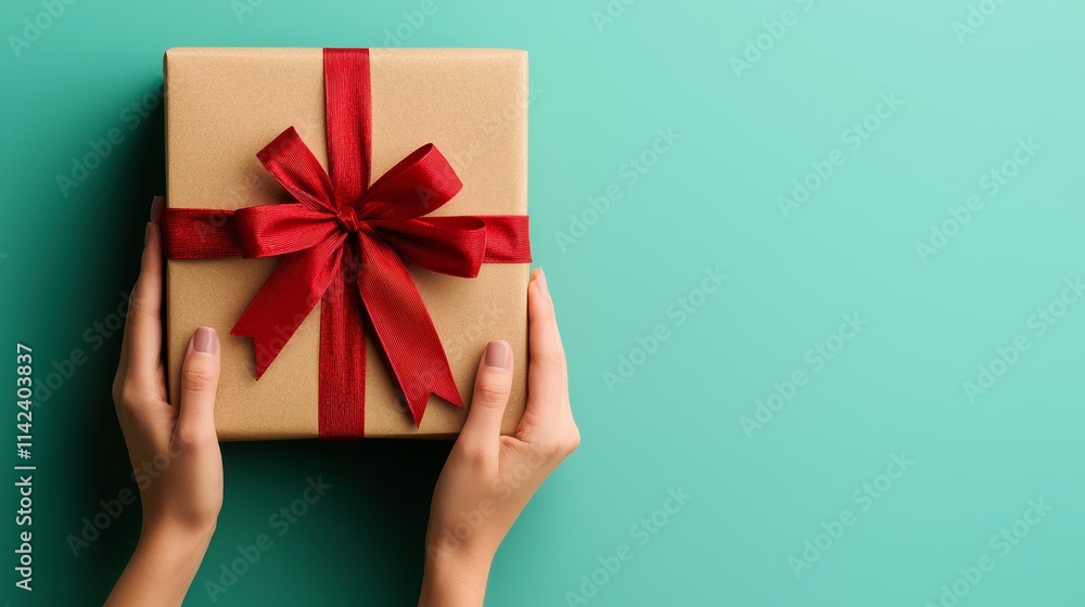 Cheerful unboxing gifts. Gift box with red ribbon on teal background held by hands Cheerful unboxing gifts. Gift box with red ribbon on teal background held by hands