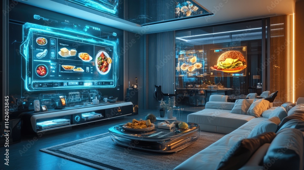 A futuristic living room with a digital screen showing personalized AI meal suggestions, with holographic food items floating around the user A futuristic living room with a digital screen showing personalized AI meal suggestions, with holographic food items floating around the user