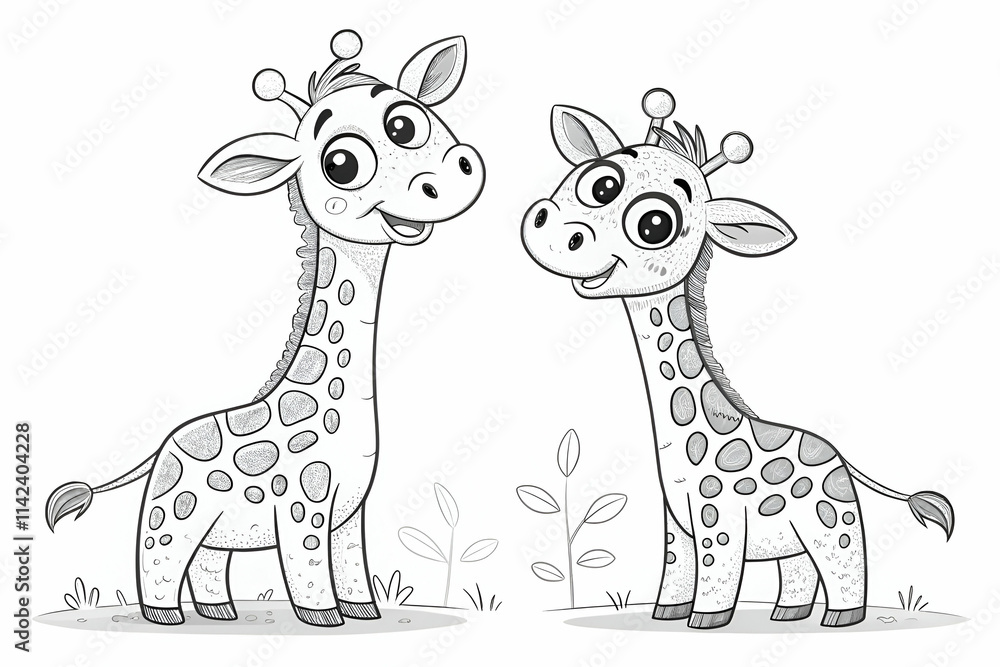 Obraz premium Two cheerful cartoon giraffes stand side by side, showcasing their playful expressions and distinctive spots in a whimsical, black-and-white design.
