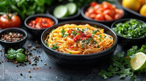 Spicy tomato pasta in black bowl with fresh herbs and ingredients.