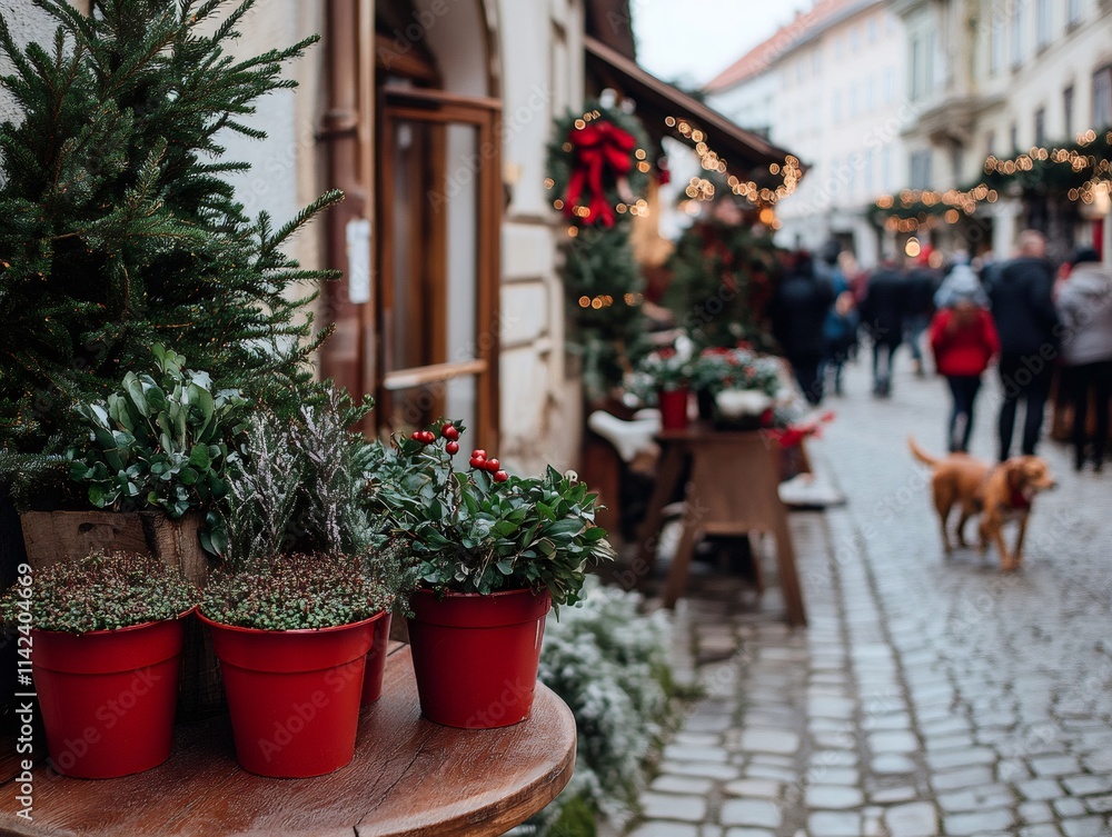 Red flower pots displaying heather, festive greenery adorning storefront during holiday market, pedestrians blurred behind seasonal decor Red flower pots displaying heather, festive greenery adorning storefront during holiday market, pedestrians blurred behind seasonal decor