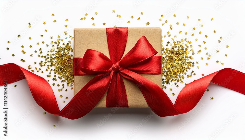 Christmas Gift Box Design Elements With Real Soft. Christmas Design Elements, Red Ribbon Bow And Golden Confetti, Flat Lay, Clipping Path On Isolated White Background. Christmas Gift Box Design Elements With Real Soft. Christmas Design Elements, Red Ribbon Bow And Golden Confetti, Flat Lay, Clipping Path On Isolated White Background.