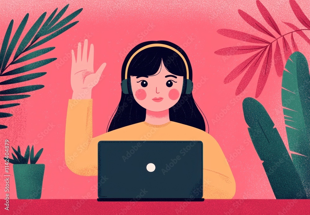 Young woman waving in front of laptop with headphones in vibrant setting Young woman waving in front of laptop with headphones in vibrant setting
