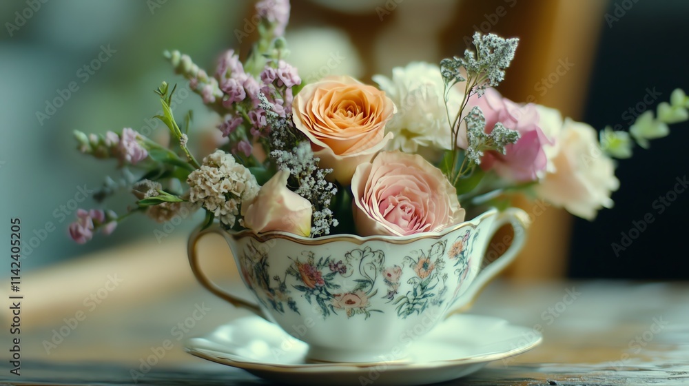 Charming teacup filled with colorful flowers. Charming teacup filled with colorful flowers.