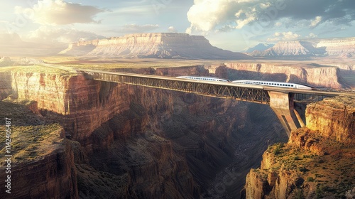 A high-speed rail bridge spanning across a vast canyon, showcasing innovative engineering and breathtaking views