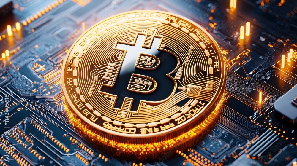 Obraz premium Golden Bitcoin Symbol on Futuristic Circuit Board with Technology Concept