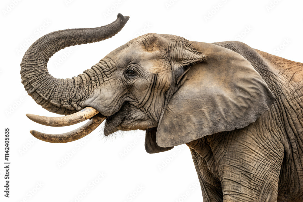 Fototapeta premium A close-up of an elephant's head showcasing its large ears, trunk, and distinctive tusks against a white background.