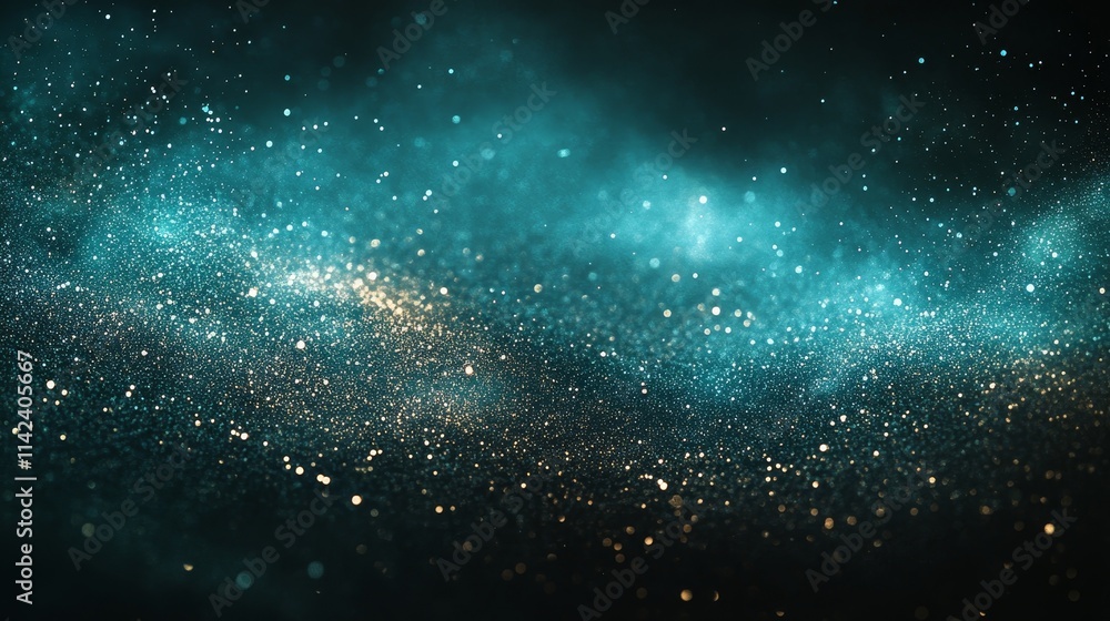 Turquoise blue green glowing color gradient on black grainy background, noise texture effect, large banner copy space, Generative AI
