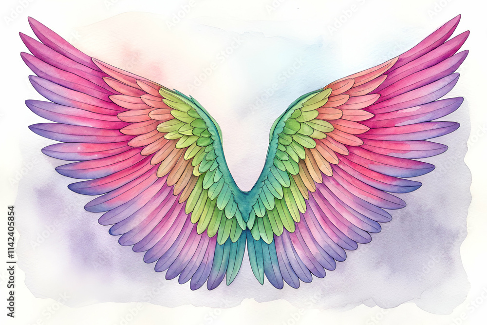 Fototapeta premium A vibrant illustration of colorful angel wings, featuring shades of pink, green, and blue, set against a soft, pastel background.
