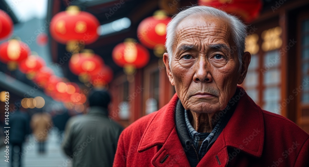 Asian elderly man serious wearing red coat looking on camera Asian elderly man serious wearing red coat looking on camera