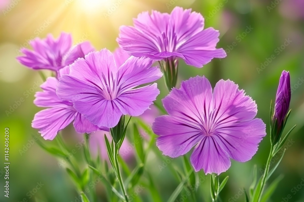 Bright violet flowers of Maiden pink plant in sunlight, summer floral backgrounds, Dianthus deltoides, Generative AI Bright violet flowers of Maiden pink plant in sunlight, summer floral backgrounds, Dianthus deltoides, Generative AI