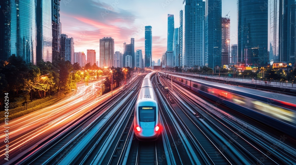 Obraz premium A high-speed rail system cutting through a modern cityscape, with elevated tracks and sleek trains in motion