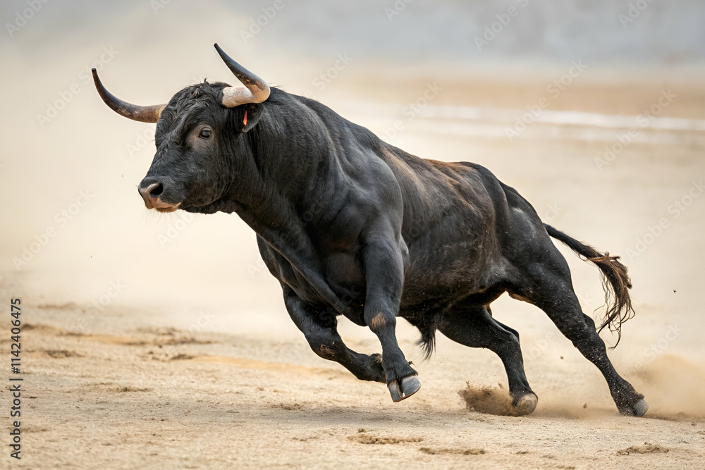 A powerful bull charges across a sandy landscape, showcasing its muscular build and dynamic movement amid a cloud of dust. A powerful bull charges across a sandy landscape, showcasing its muscular build and dynamic movement amid a cloud of dust.