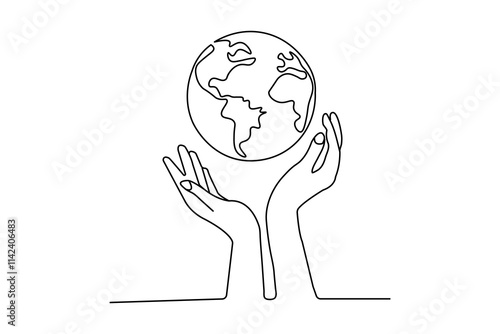 Earth glove continuous single line art and isolated outline vector illustration
