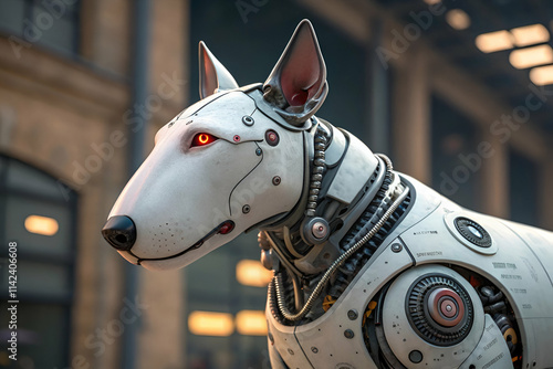 A futuristic robotic dog with sleek design, glowing red eyes, and intricate mechanical details stands in an urban environment. photo