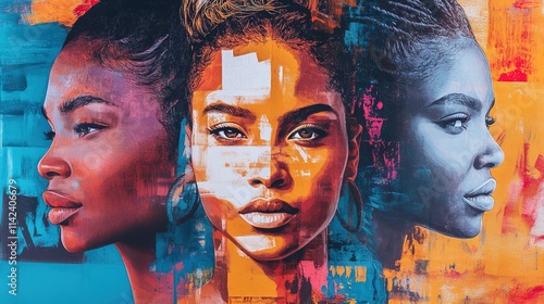 Vibrant triplet portraits, female empowerment, colorful urban art. photo