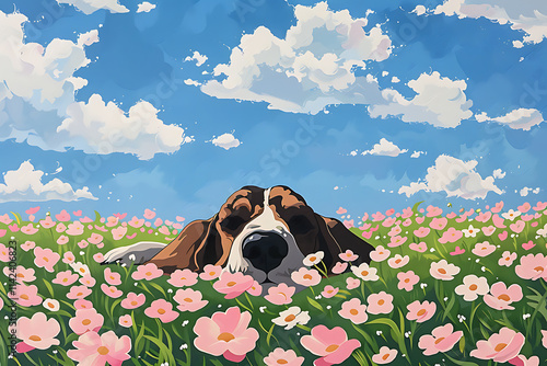 relaxed dog in meadow, a basset hound reclining in a flowery meadow, showcasing its classic droopy look photo