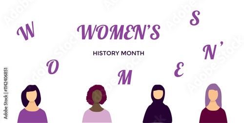 Women's day 8 march banner. Lady different nations, text. Card for web design, print. Vector illustration