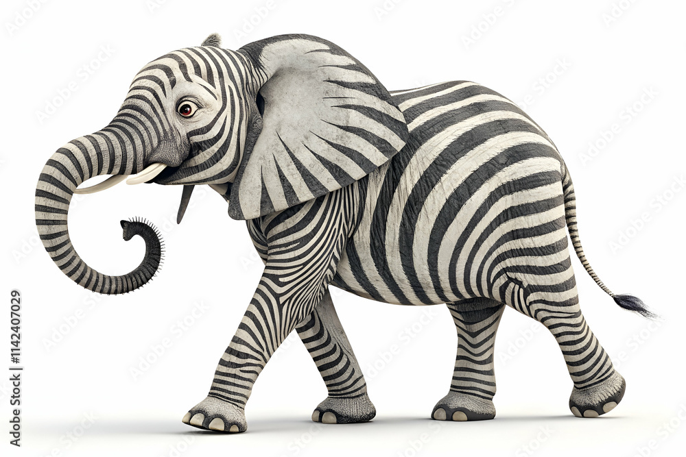 Obraz premium A whimsical elephant with black and white stripes walks playfully, blending elements of realism and fantasy in a unique artistic style.