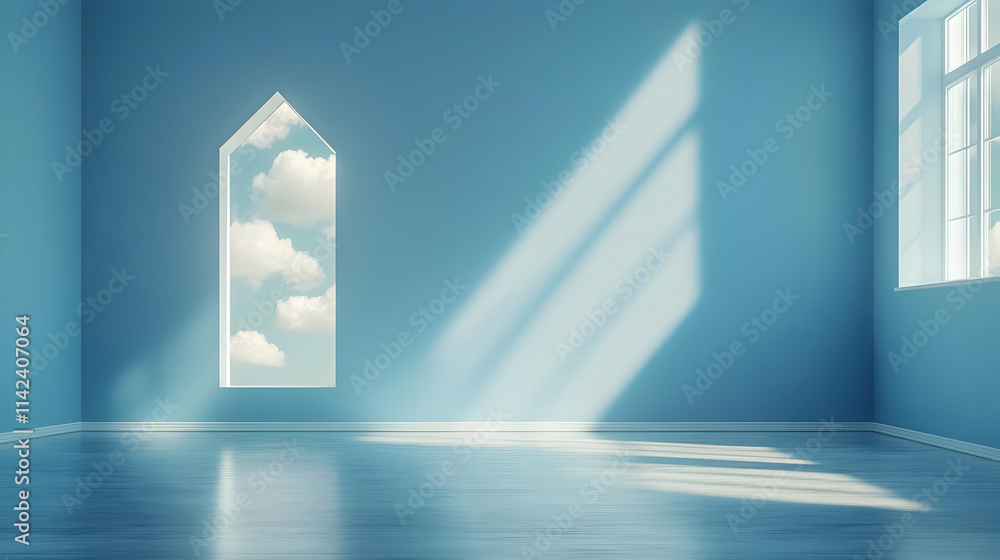 Serene Blue Room 3D Render: Sky View Window Serene Blue Room 3D Render: Sky View Window