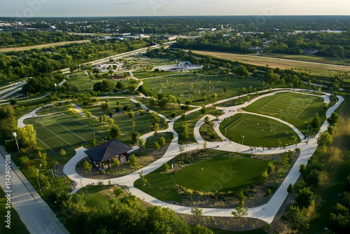 Aerial view of a landscaped park with walking paths, sports fields, and green spaces.