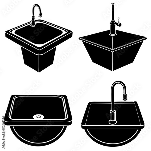 Different styles of kitchen sink silhouette vector art illustration