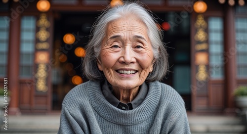 Asian elderly woman happy wearing gray sweater looking on camera
