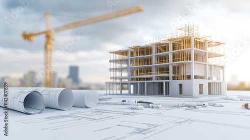 Blueprint of High-Rise Building Foundation with Reinforced Steel Layouts and Detailed Soil Testing for Stability, Photorealistic Representation photo