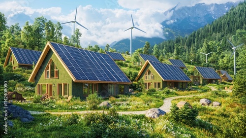 A sustainable eco-village with solar panels, wind turbines, and green homes surrounded by nature