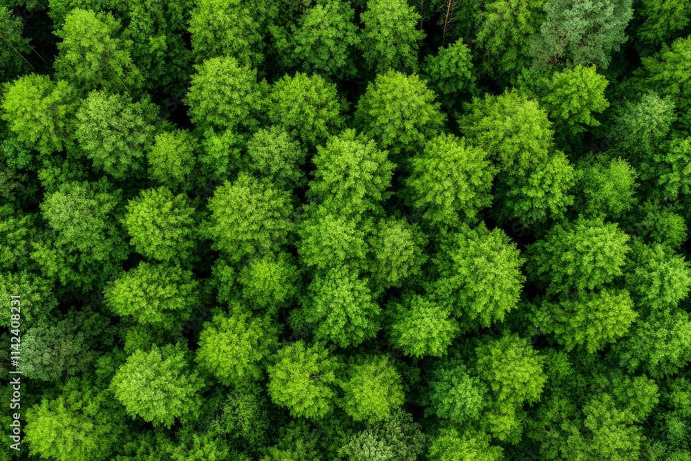 A bird-eye view of a dense forest, showing the endless expanse of green treetops stretching to the horizon A bird-eye view of a dense forest, showing the endless expanse of green treetops stretching to the horizon
