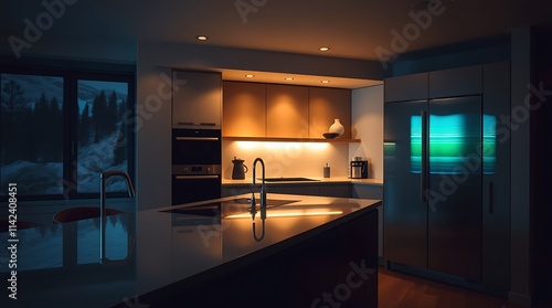 modern kitchen, iluminated at night