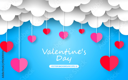 Valentines day greeting background in paper cut realistic style. Paper clouds, flying realistic hearts on a string. vector illustration