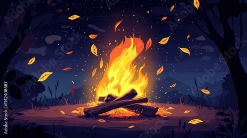 Flat vector scene of a campfire made with dry branches and leaves igniting in bright yellow and orange flames.