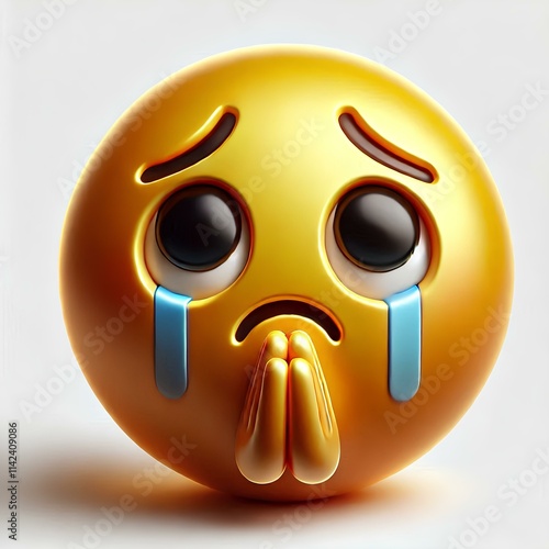 3D Pleading Face Emoji with Yellow Color and Shiny Surface