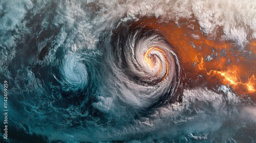 Fototapeta premium Massive cyclone forming over warm tropical waters, with intense cloud bands spiraling outward and visible lightning strikes.