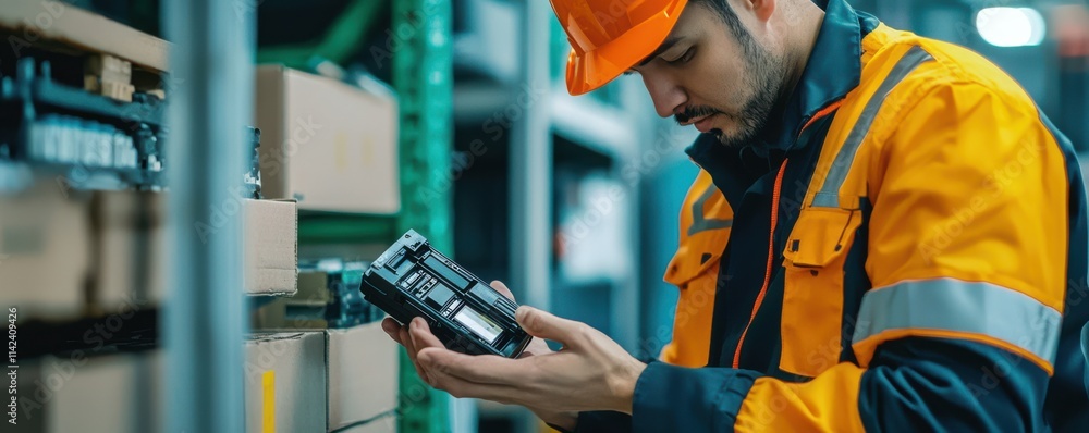 A worker in safety gear inspects equipment in a warehouse filled with boxes, demonstrating diligence and attention to detail. A worker in safety gear inspects equipment in a warehouse filled with boxes, demonstrating diligence and attention to detail.