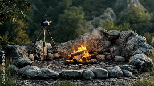 Outdoor fireplace scene with burning logs, a tripod holding a kettle above, and rocks forming a circular barrier.