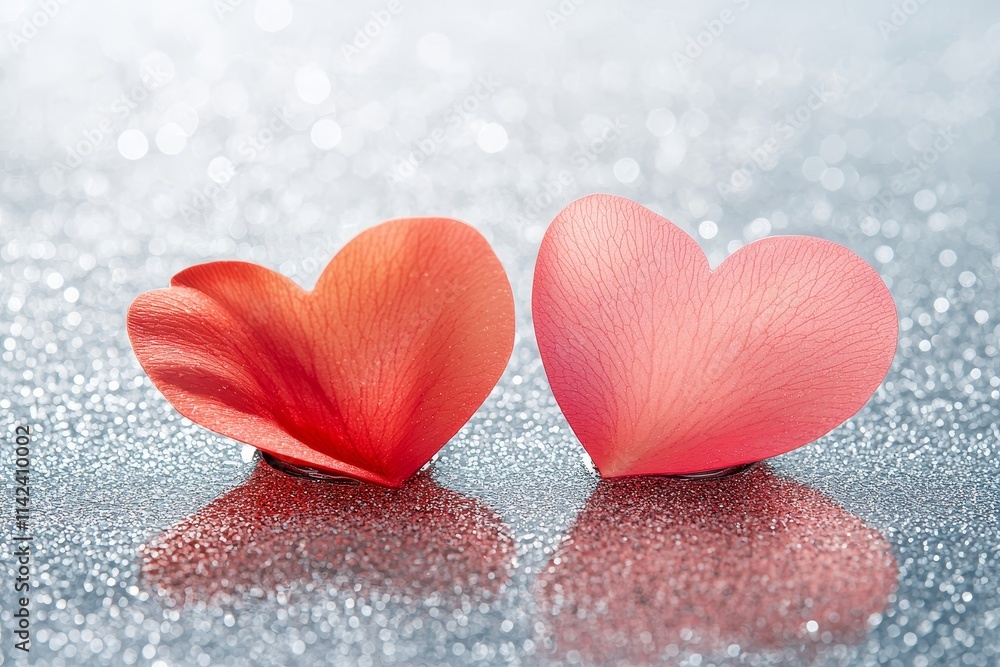 Valentine special bond. Two heart-shaped petals on a sparkling surface. Valentine special bond. Two heart-shaped petals on a sparkling surface.