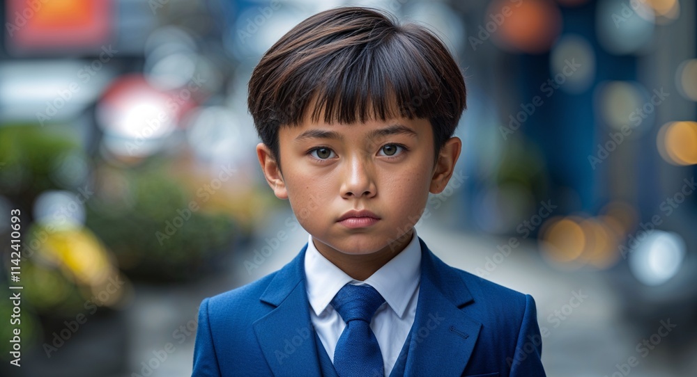 Asian kid serious wearing blue formal suit looking on camera Asian kid serious wearing blue formal suit looking on camera