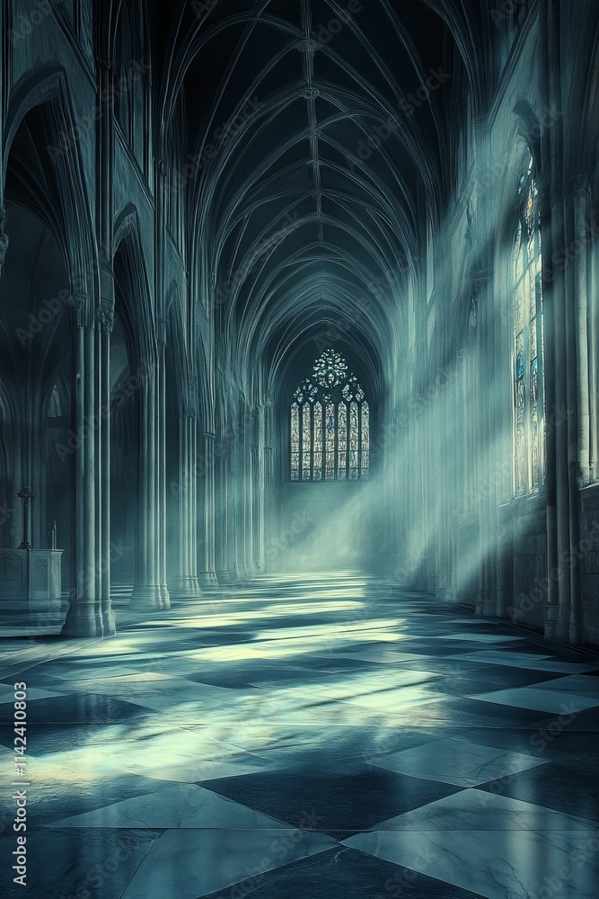 Sunlit stone hall, arched ceiling, checkered floor. Sunlit stone hall, arched ceiling, checkered floor.