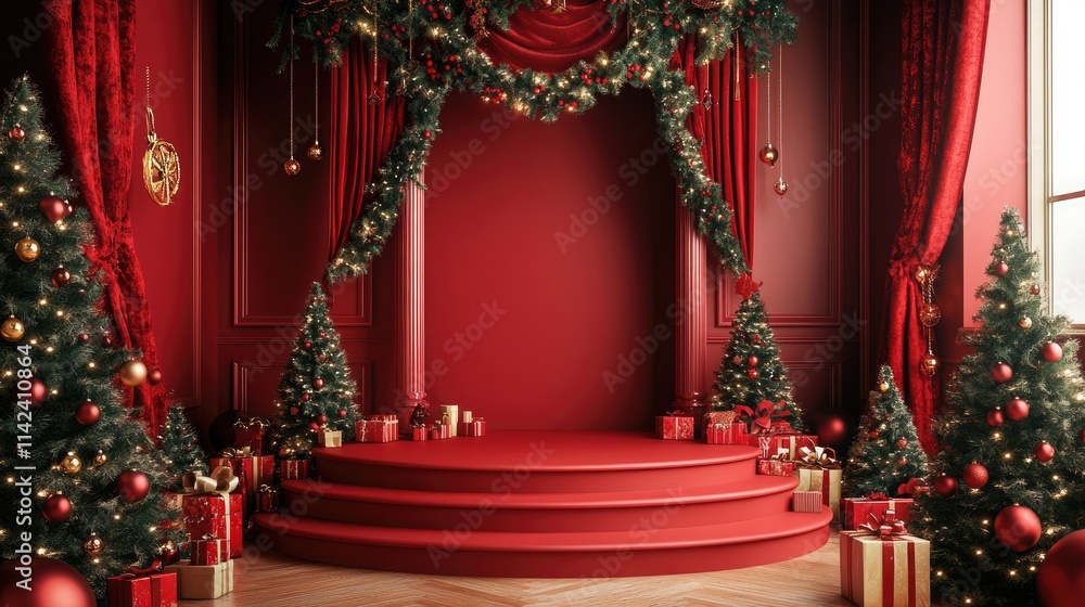 A red podium in a festive red room, perfect for a Christmas concept or award presentation, with vibrant holiday decorations, and ample space for text A red podium in a festive red room, perfect for a Christmas concept or award presentation, with vibrant holiday decorations, and ample space for text