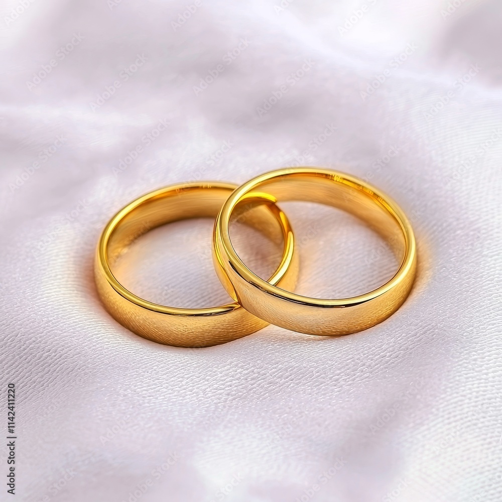 Valentine golden moment. Two interlinked golden wedding rings on satin fabric. Valentine golden moment. Two interlinked golden wedding rings on satin fabric.