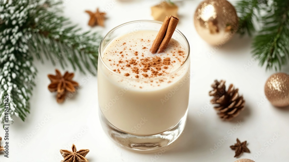 Festive Eggnog Drink with Cinnamon Stick for Party with Christmas Ornament Festive Eggnog Drink with Cinnamon Stick for Party with Christmas Ornament